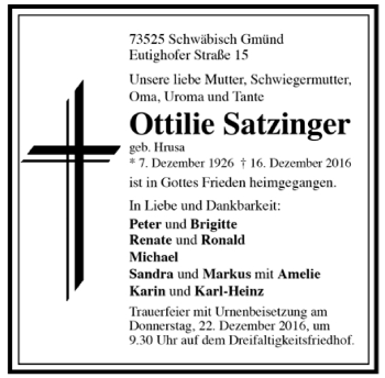 Todesanzeige von Ottilie Satzinger von Trauer.de