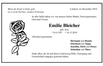 Todesanzeige von Emilie Bleicher von Trauer.de