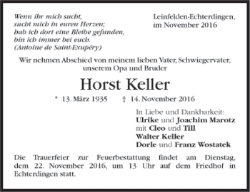 Todesanzeige von Horst Keller von Trauer.de