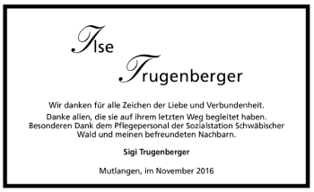 Todesanzeige von Ilse Trugenberger von Trauer.de