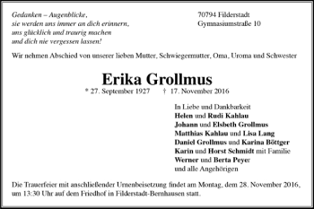 Todesanzeige von Erika Grollmus von Trauer.de