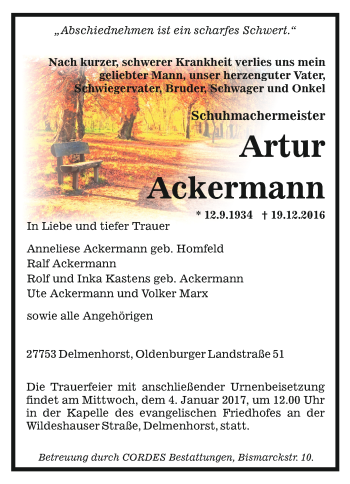 Todesanzeige von Artur Ackermann von Trauer.de