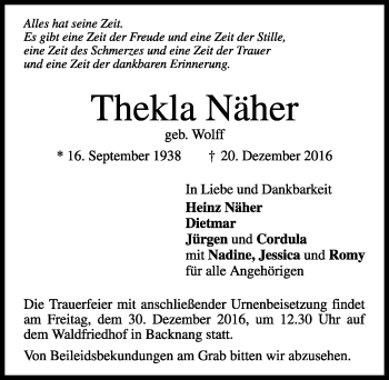 Todesanzeige von Thekla Näher von Trauer.de