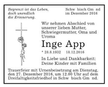 Todesanzeige von Inge App von Trauer.de