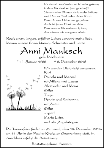 Todesanzeige von Anni Mauksch von Trauer.de
