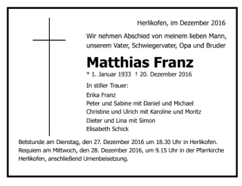 Todesanzeige von Matthias Franz von Trauer.de