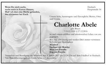 Todesanzeige von Charlotte Abele von Trauer.de