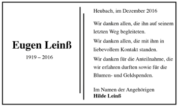 Todesanzeige von Eugen Leinß von Trauer.de