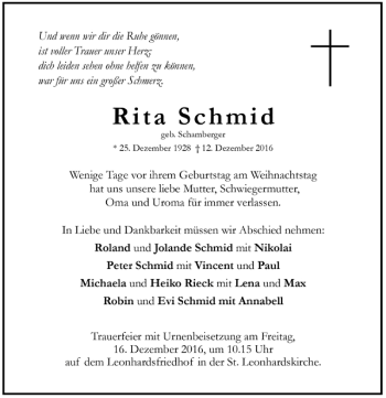 Todesanzeige von Rita Schmid von Trauer.de