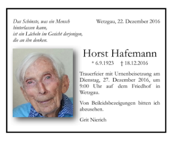 Todesanzeige von Horst Hafemann von Trauer.de