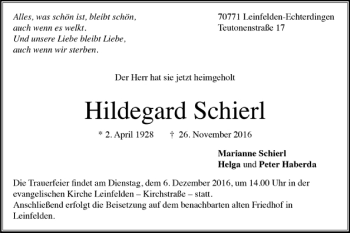 Todesanzeige von Hildegard Schierl von Trauer.de