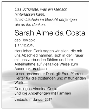 Todesanzeige von Sarah Almeida Costa von Trauer.de