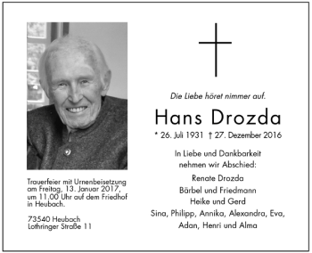 Todesanzeige von Hans Drozda von Trauer.de