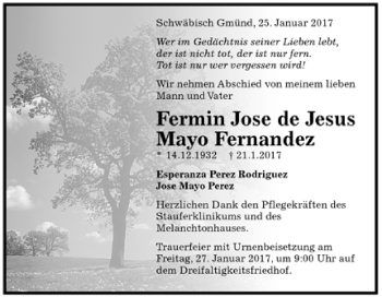 Todesanzeige von Fermin Jose de Jesus Mayo Fernandez von Trauer.de