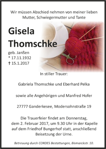 Todesanzeige von Gisela Thomschke von Trauer.de