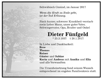 Todesanzeige von Dieter Fünfgeld von Trauer.de