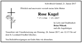Todesanzeige von Rose Kugel von Trauer.de
