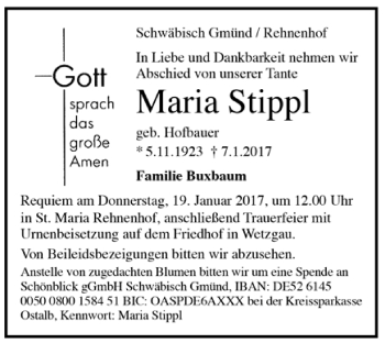 Todesanzeige von Maria Stippl von Trauer.de