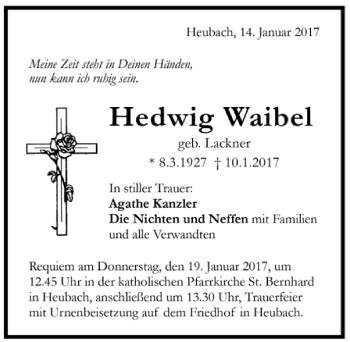 Todesanzeige von Hedwig Waibel von Trauer.de