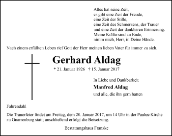 Todesanzeige von Gerhard Aldag von Trauer.de