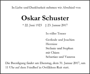 Todesanzeige von Oskar Schuster von Trauer.de