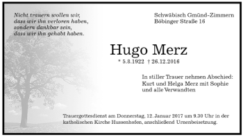 Todesanzeige von Hugo Merz von Trauer.de