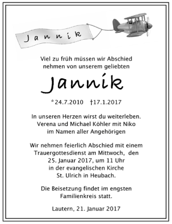 Todesanzeige von Jannik Köhler von Trauer.de