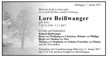 Todesanzeige von Lore Beißwanger von Trauer.de