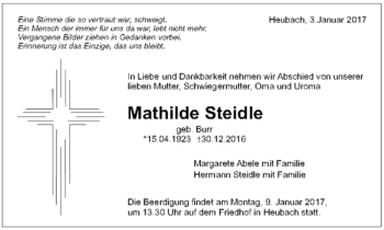 Todesanzeige von Mathilde Steidle von Trauer.de