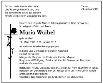 Todesanzeige von Maria Waibel von Trauer.de