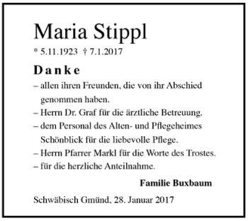 Todesanzeige von Maria Stippl von Trauer.de