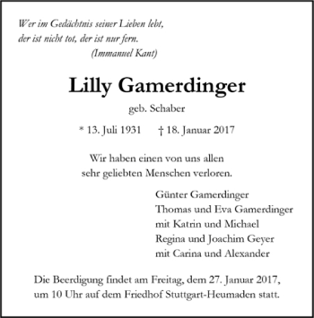 Todesanzeige von Lilly Gamerdinger von Trauer.de