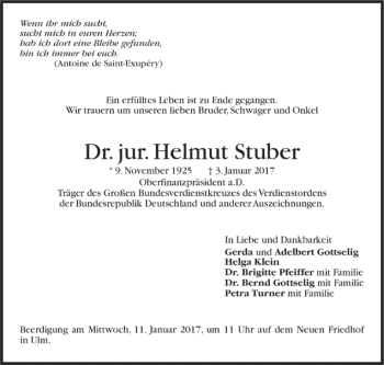 Todesanzeige von Dr. jur. Helmut Stuber von Trauer.de