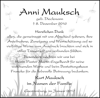 Todesanzeige von Anni Mauksch von Trauer.de