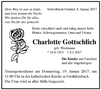 Todesanzeige von Charlotte Gottschlich von Trauer.de