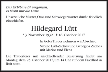 Todesanzeige von Hildegard Lütt von Trauer.de
