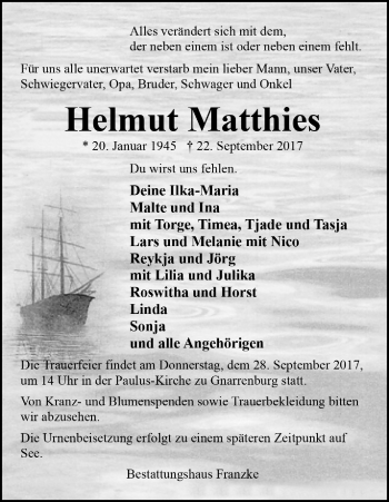 Todesanzeige von Helmut Matthies von Trauer.de