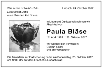 Todesanzeige von Paula Bläse von Trauer.de