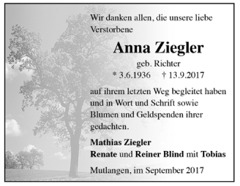 Todesanzeige von Anna Ziegler von Trauer.de