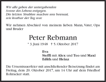Todesanzeige von Peter Rebmann von Trauer.de