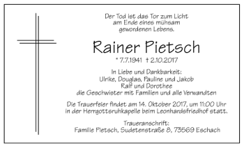 Todesanzeige von Rainer Pietsch von Trauer.de