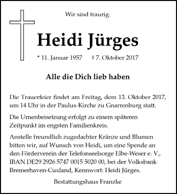 Todesanzeige von Heidi Jürgens von Trauer.de