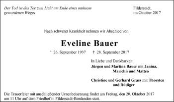 Todesanzeige von Eveline Bauer von Trauer.de