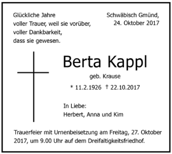 Todesanzeige von Berta Kappl von Trauer.de