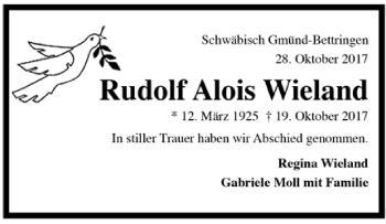 Todesanzeige von Rudolf Alois Wieland von Trauer.de