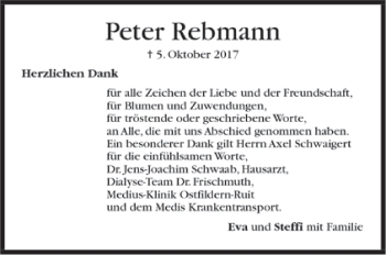 Todesanzeige von Peter Rebmann von Trauer.de