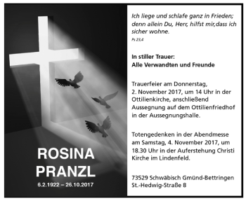 Todesanzeige von Rosina Pranzl von Trauer.de