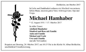 Todesanzeige von Michael Hamhaber von Trauer.de