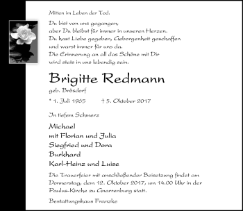 Todesanzeige von Brigitte Redmann von Trauer.de