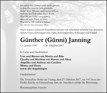 Todesanzeige von Günther Janning von Trauer.de